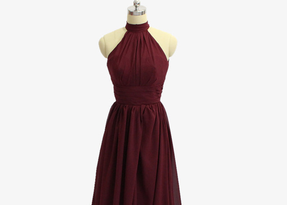 Wine Red Long Wedding Bridesmaid Dresses Zipper Back 100% Polyester Material