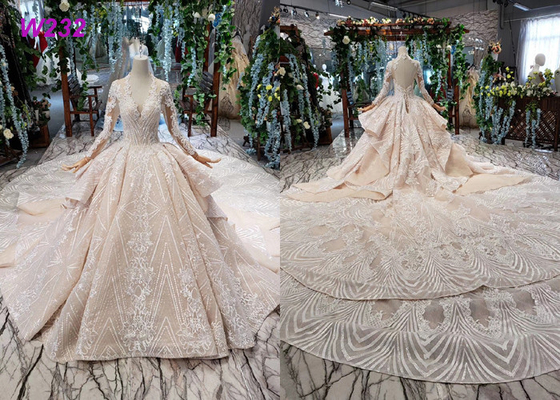 Tulle Wedding Bridal Ball Gowns Long Sleeves V Neckline Lace Applications