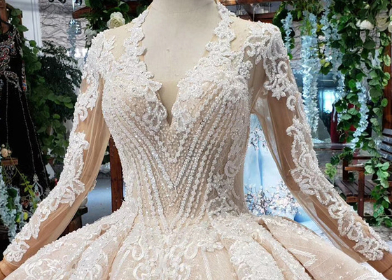 Tulle Wedding Bridal Ball Gowns Long Sleeves V Neckline Lace Applications