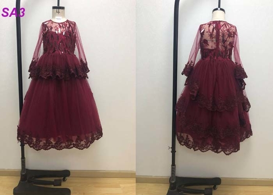 De Kleding van het de Bloemmeisje van bloesem Geïnspireerde Wijn Rode Kinderen met Lange Geparelde Kokers